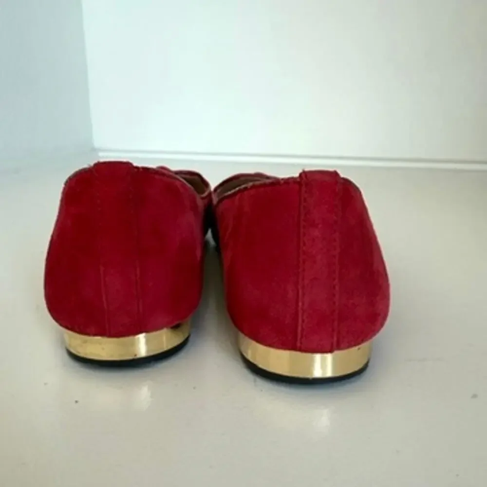 Tory Burch Pointed Toe Flats Raspberry Suede Gold Heel Logo Balletcore 6.5M - Picture 6 of 11